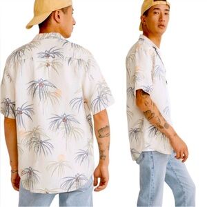 Madewell 100% Linen Easy Fit Button Down Short Sleeve Top - Palm Leaves - Large